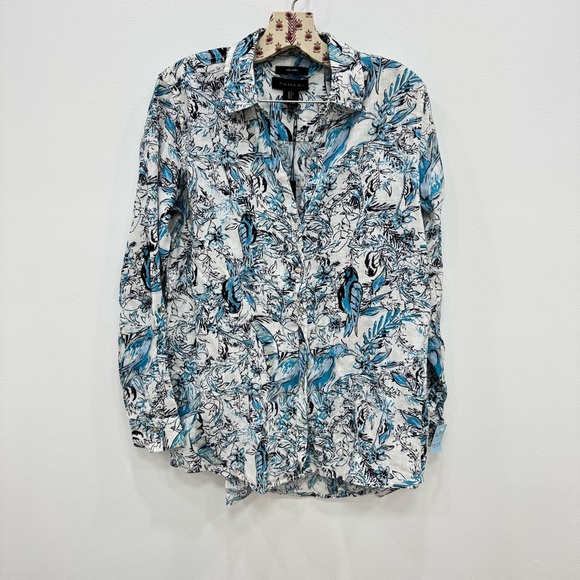 Tahari Linen Blue Birds Buttondown shirt size New with tags Sz Small - Picture 1 of 3